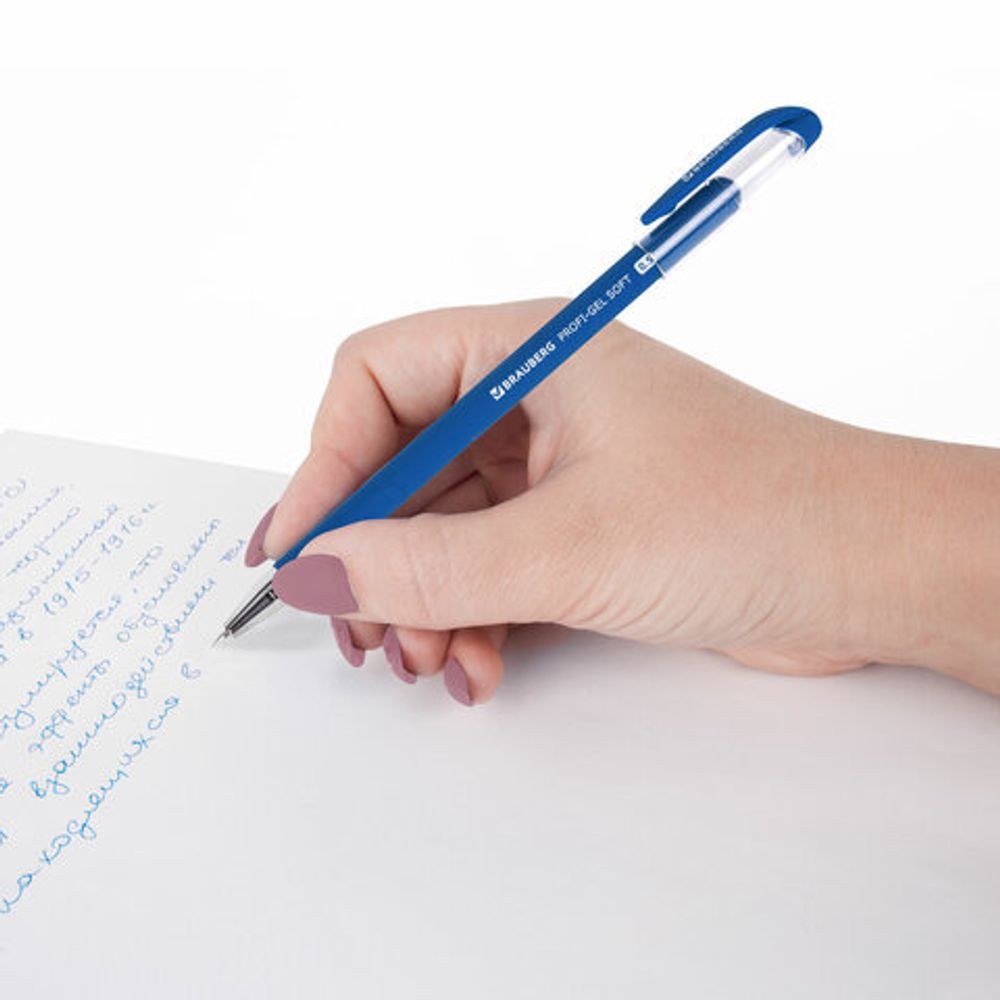 Ручка гелевая BRAUBERG "Profi-Gel SOFT", СИНЯЯ, линия письма 0,4 мм, стандартный наконечник 0,5 мм, прорезиненный корпус SOFT-TOUCH, 144130