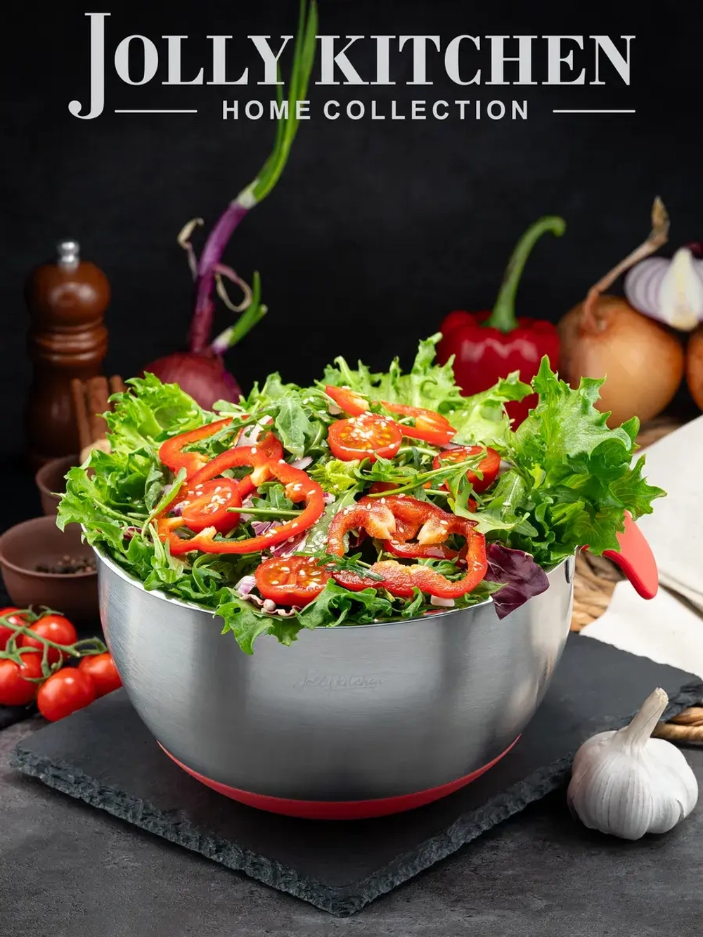 Миска Jolly Kitchen с ручкой, красная, 22 см, нержавеющая сталь 0,5 мм, объем 2,6 л