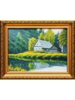 Картина маслом Деревня у реки Тимофеев