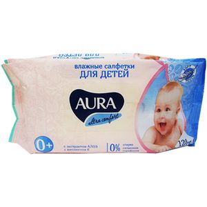 ВЛАЖНЫЕ САЛФЕТКИ ДЕТСКИЕ AURA ULTRA COMFORT С ЭКСТРАКТОМ АЛОЭ И ВИТАМИНА Е С КРЫШКОЙ 120ШТ