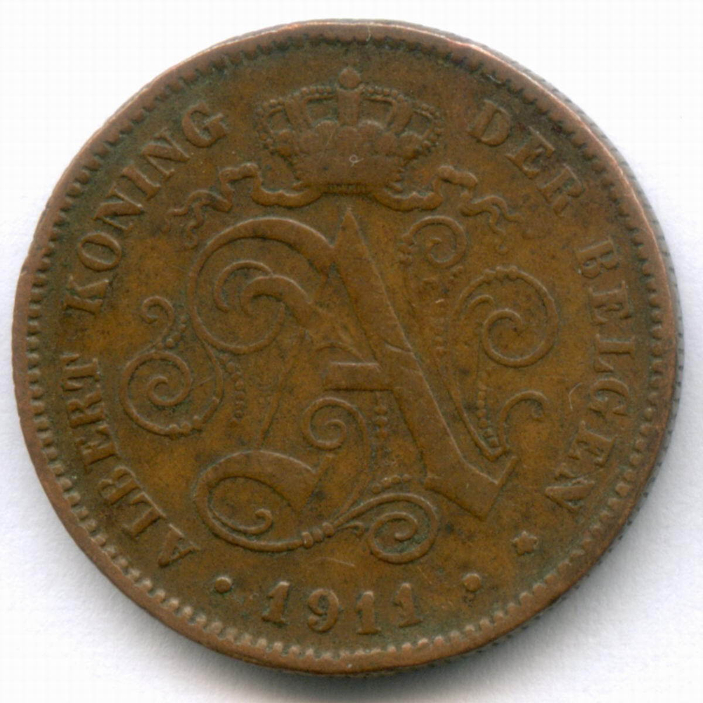 2 сантима 1911 год. Бельгия (Альберт I). Надпись на голландском - DER BELGEN. Медь, диаметр 21.5 мм. VF-XF