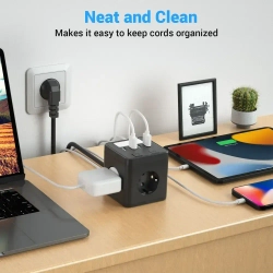 Удлинитель-тройник-ночник , с USB, Type-C PowerCube, 4 гнезда 220V, 3 USB 2400mA / 1 Type-C 3100mA, c заземлением, защитные шторки, 10 A/2500 Вт.