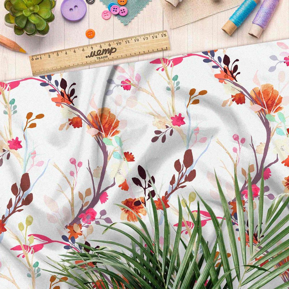 Ткань атлас акварельные веточки и лепестки