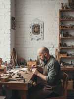 Мастер в светлой мастерской за верстаком работает с деталями, а на кирпичной стене висит резные часы WOODandROOT «Автоматон Вологда» в северном стиле.
