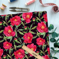 Ткань оксфорд 600 насыщенные красные цветы на чёрном фоне