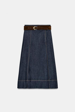 ZARA ЮБКА Z1975 МИДИ ИЗ ДЕНИМА С РЕМНЕМ, ИНДИГО