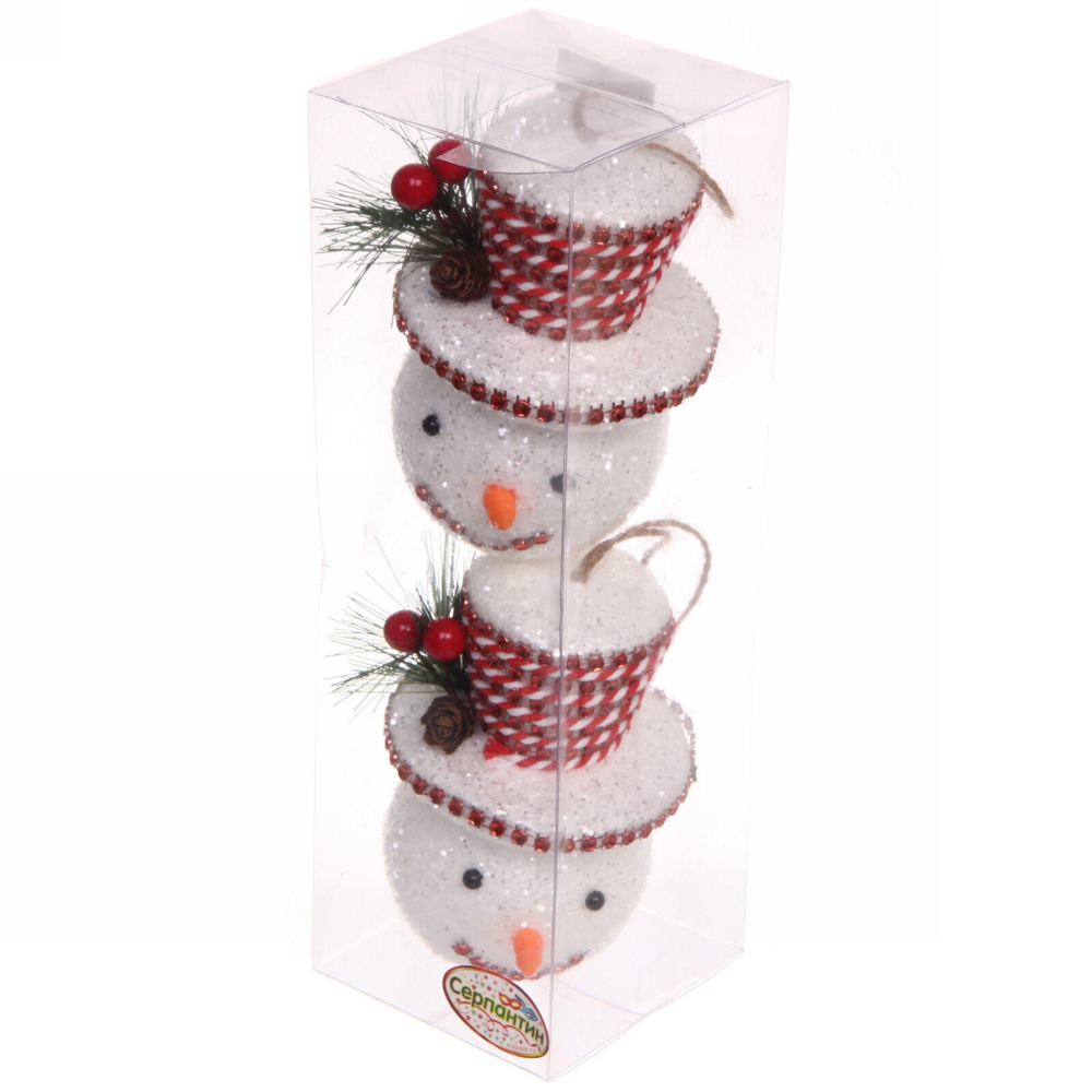 Ёлочные игрушки «Снеговик в шляпе со стразами» 10 см (набор 2 шт), Красный