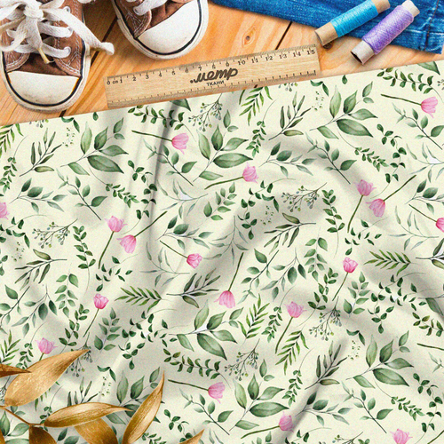 Ткань шелк Армани мелкие розовые цветы и множество зелёной листвы