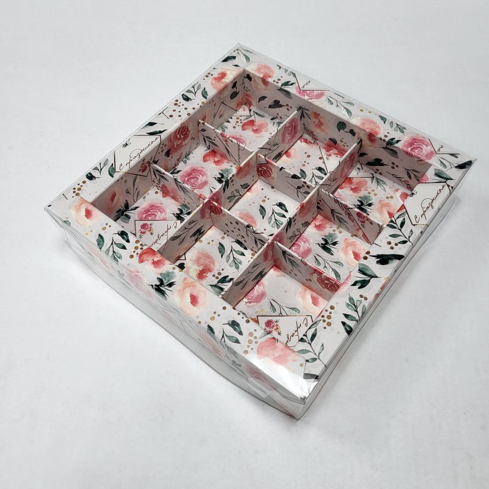 Коробка на 9 конфет С праздником/розы (с пластик крышкой)