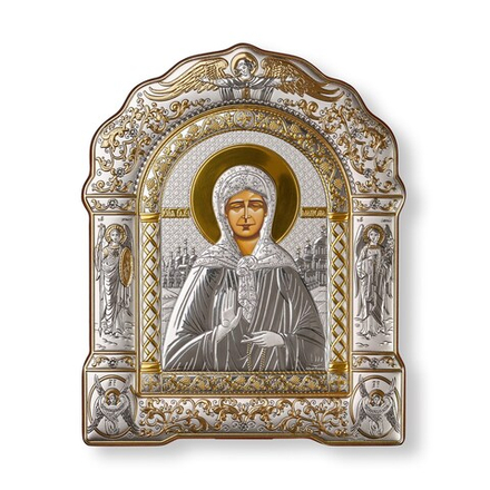 Матрона, икона арочная с рамкой, белое дерево 206х270