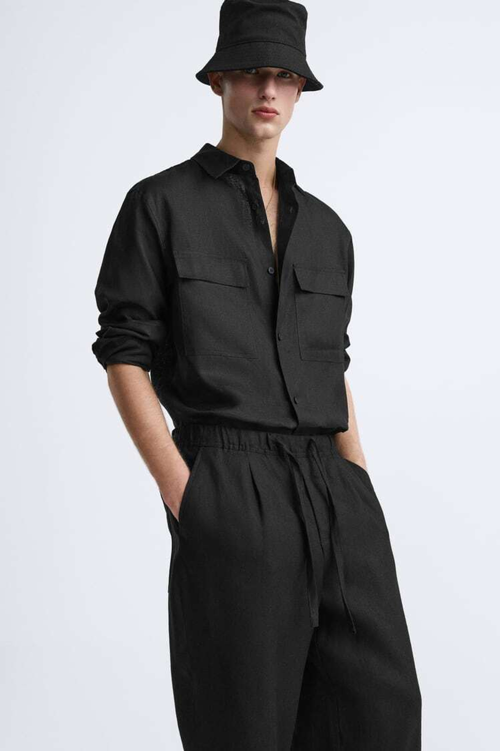 ZARA БРЮКИ-ДЖОГГЕРЫ ИЗ 100% ЛЬНА, ЧЕРНЫЙ