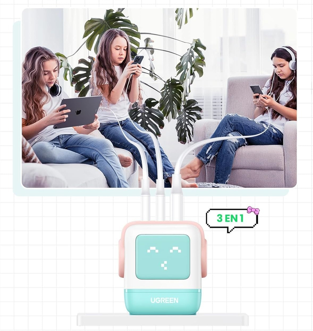 Зарядное устройство 2xUSB-C+1 USB, 65W, Nexode Robot GanN, Pink-Blue UGREEN 35855