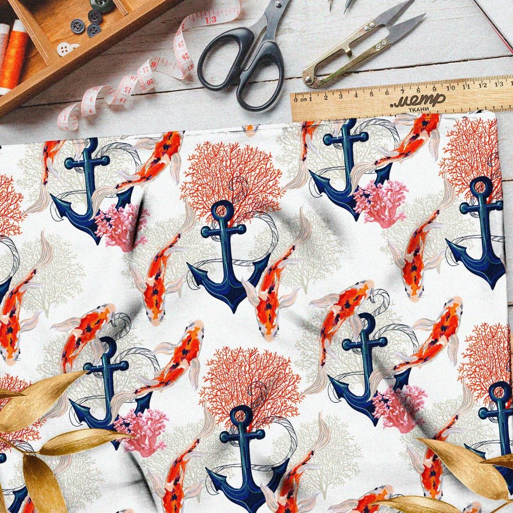 Ткань габардин якорь золотые карпы кораллы