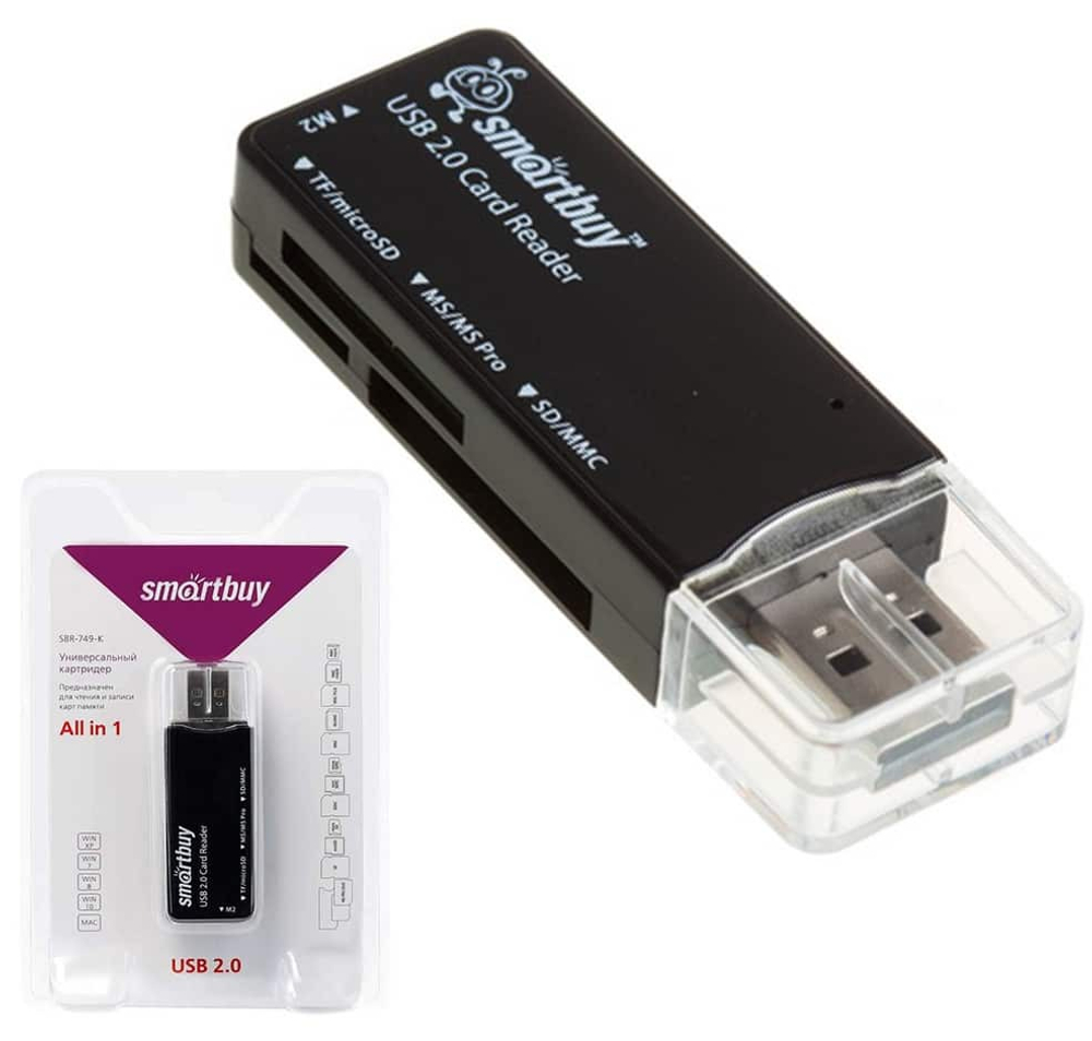 Картридер Smartbuy 749, USB 2.0 - SD/microSD/MS/M2, (SBR-749-K) (черный)