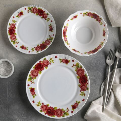 Сервиз столовый Доляна «Поэзия роз», 18 предметов: 6 тарелок d=17,5/23/15×5 см, стеклокерамика