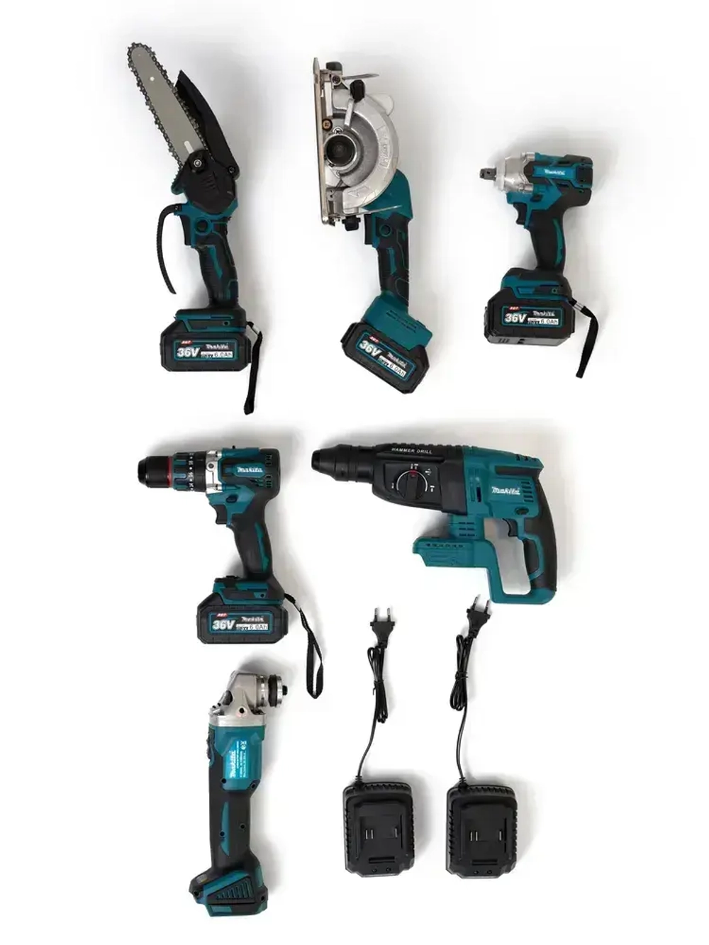 Набор аккумуляторных инструментов 6в1 Шуруповерт Болгарка Гайковерт Винтоверт Перфоратор Лобзик Циркулярная Пила