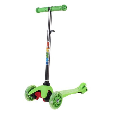 Самокат трехколесный, колеса PVC со светом 110мм, зеленый, размер 52х10,5см, ручка металл.съемная