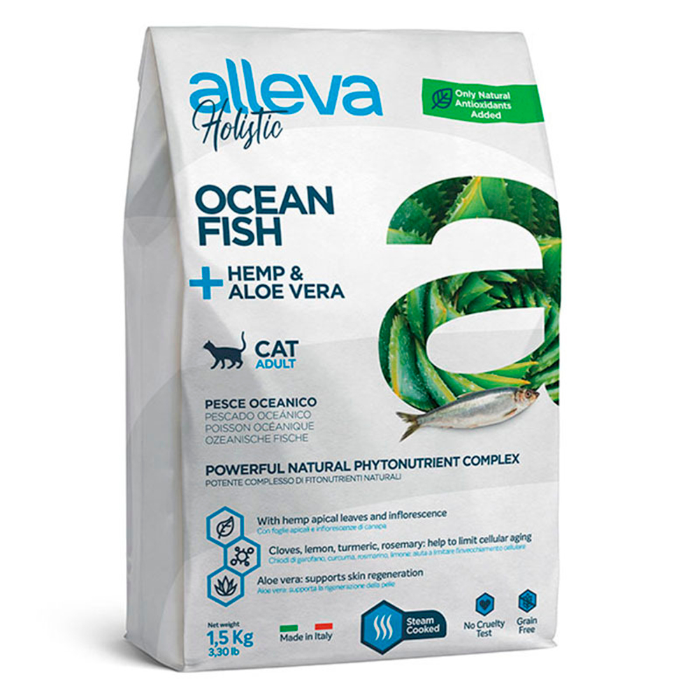 Беззерновой корм Alleva Holistic, для кошек, океаническая рыба/конопля/алоэ, 1.5 кг