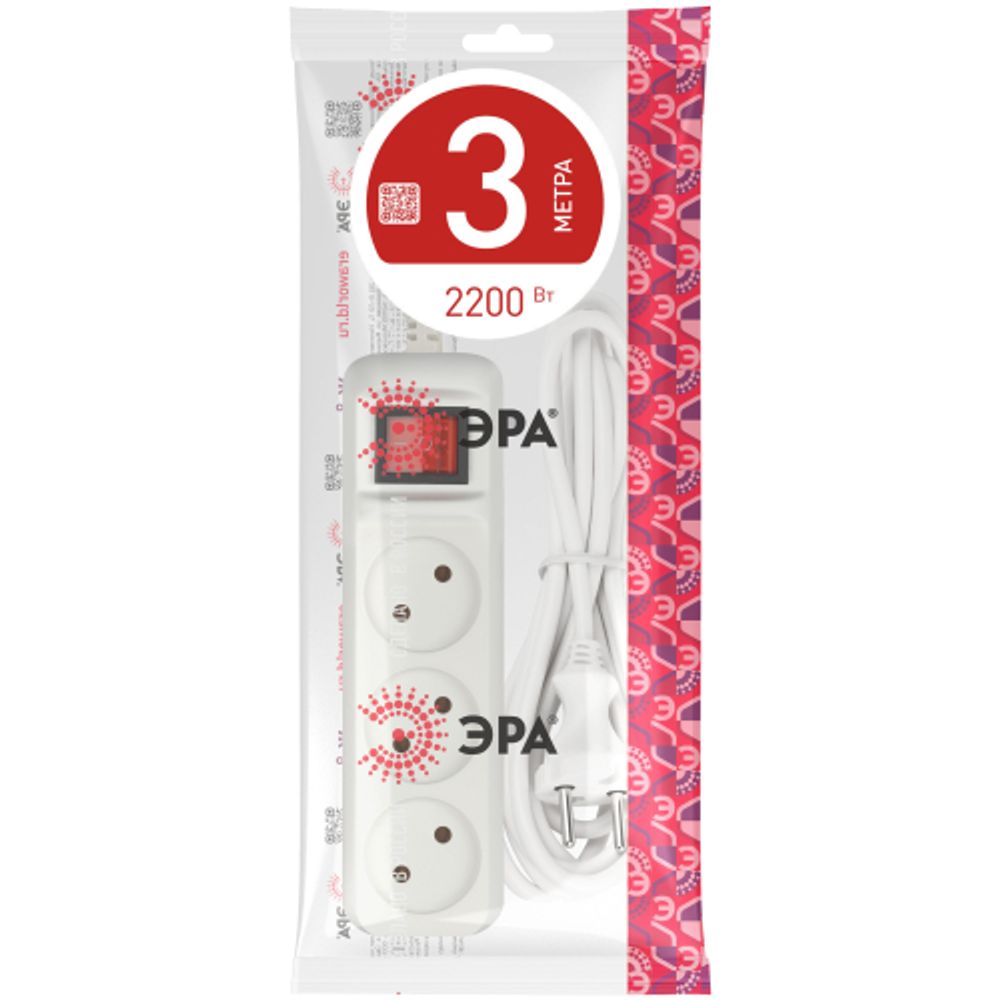Удлинитель электрический ЭРА U-3s-3m-2x1 без заземления c выключателем 3 розетки 3м ПВС 2x1мм2 10А | 