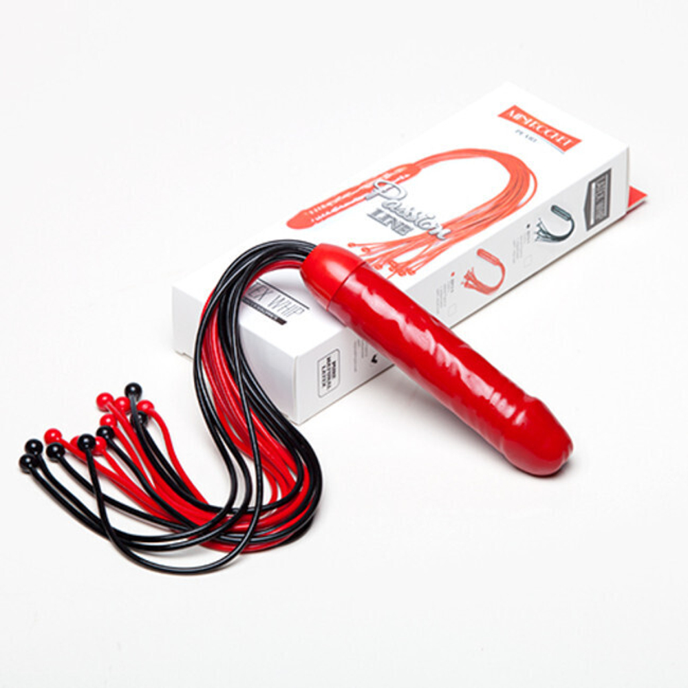 Чёрно-красный фаллос-плетка Mini Rocket с шариками на конце хвостов (Цвет: черный с красным)