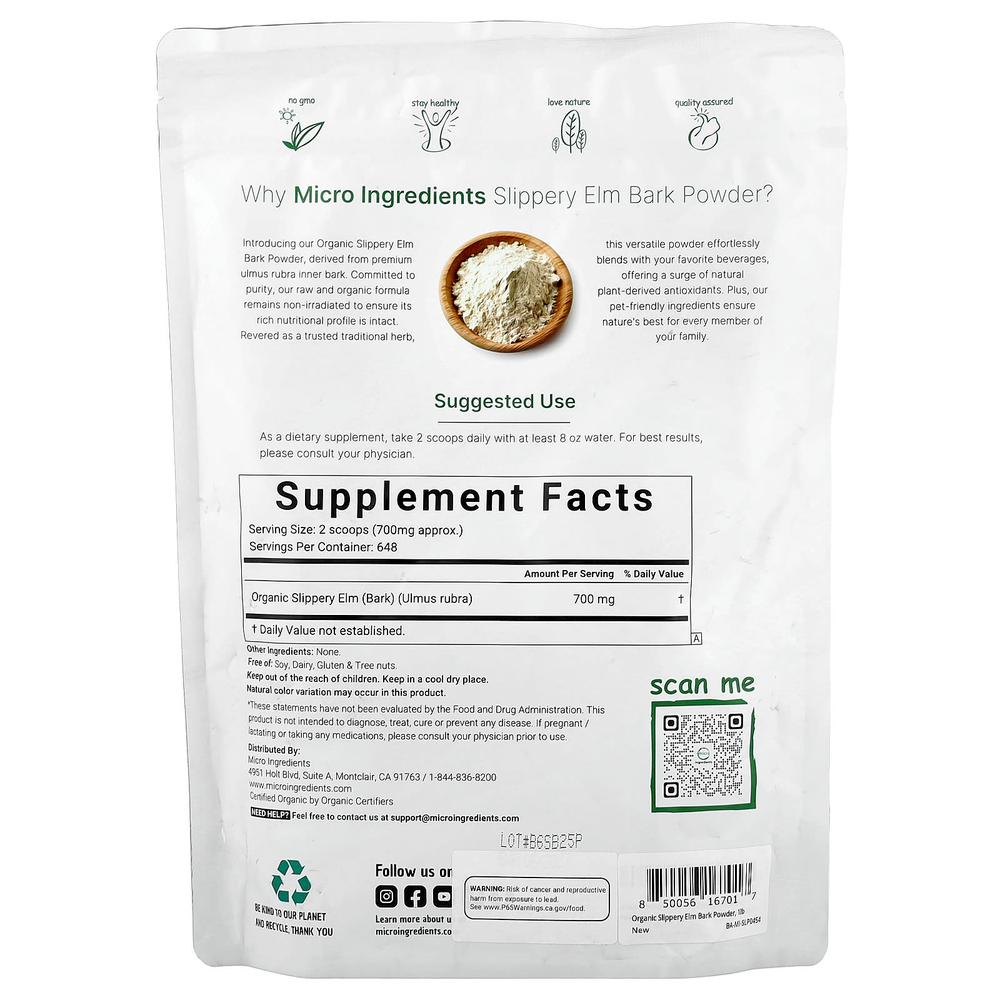 Micro Ingredients, Органический порошок из коры вяза скользкого, 454 г (1 фунт)