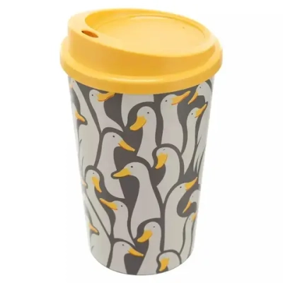 Стакан для горячих и холодных напитков с крышкой и декором гуси 400мл (серый)