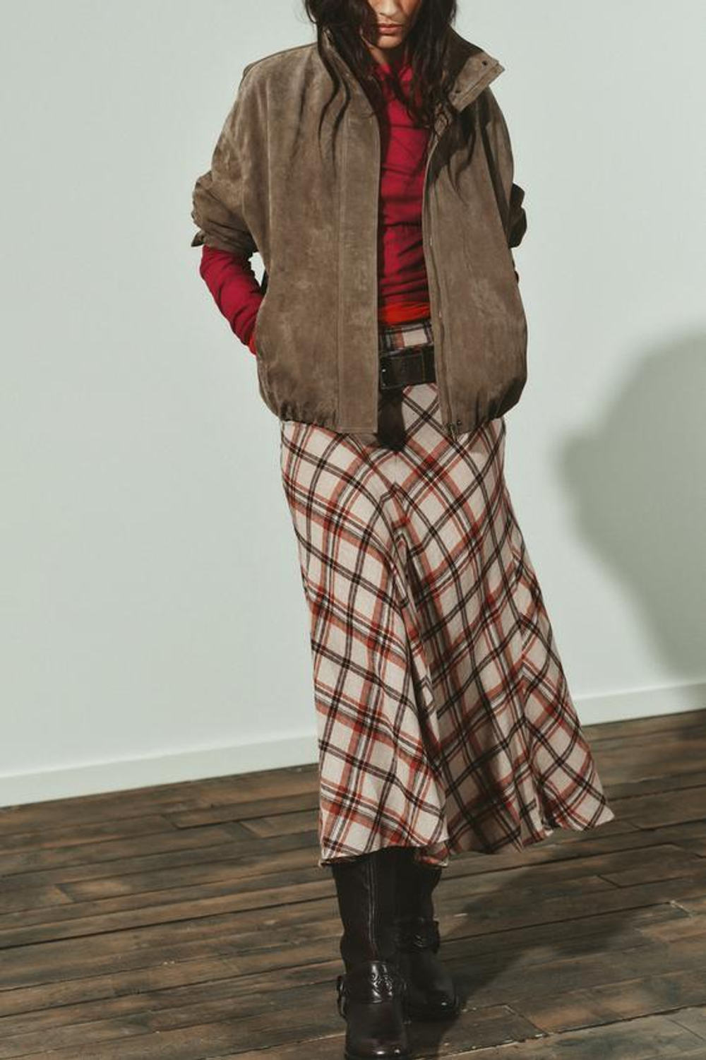 ZARA ЮБКА МИДИ В КЛЕТКУ, БЕЖЕВЫЙ