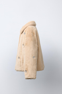 ZARA УКОРОЧЕННОЕ ПАЛЬТО ИЗ ИСКУССТВЕННОГО МЕХА СО СТРАЗАМИ, КАРАМЕЛЬНЫЙ