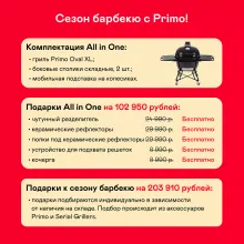 Керамический угольный гриль Primo Oval XL 400 All-in-one, 47x64 см, с ножками и столиками