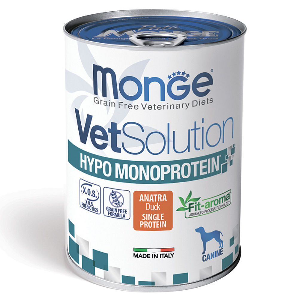 Диетический корм Monge VetSolution Dog Hypo Monoprotein DUCK Гипо монопротеин с уткой для собак для снижения реакции пищевой непереносимости 400 г