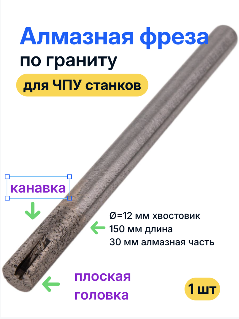 Фреза спеченная алмазная с плоской головкой для гранита 12*30*150