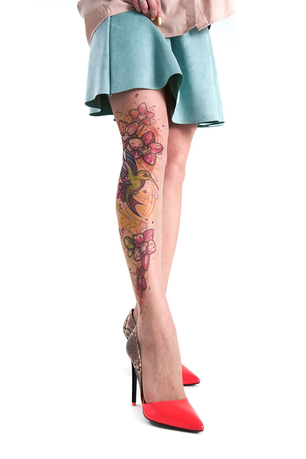 Колготки +size с принтом в виде колибри у цветов (Размер: XL-XXL) (Цвет: бежевый)