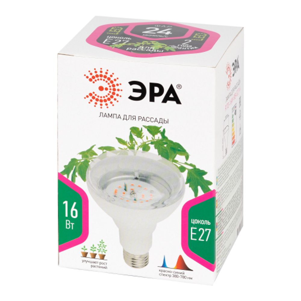 Фитолампа для растений светодиодная ЭРА FITO-16W-RB-E27-K красно-синего спектра 16 Вт Е27 | Фитолампы Е27
