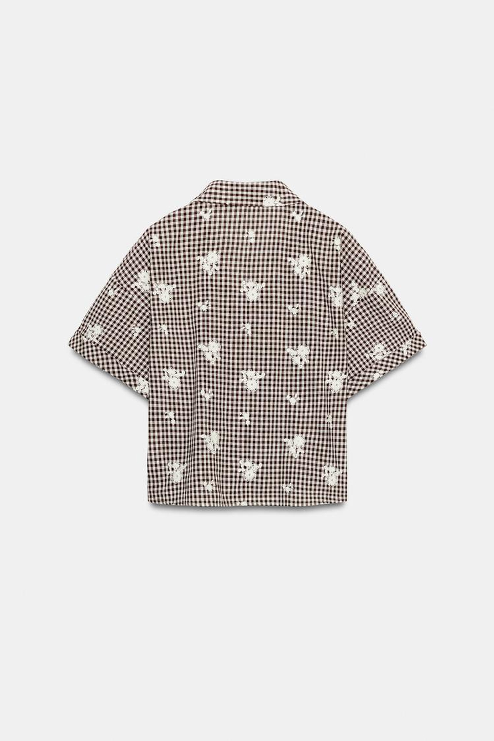 ZARA РУБАШКА В КЛЕТКУ С ВЫШИВКОЙ, КОРИЧНЕВЫЙ/ЭКРЮ