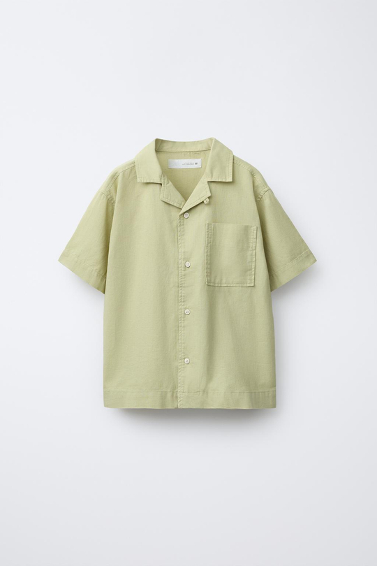 ZARA РУБАШКА ИЗ ХЛОПКА И ЛЬНА, ЗЕЛЕНЫЙ