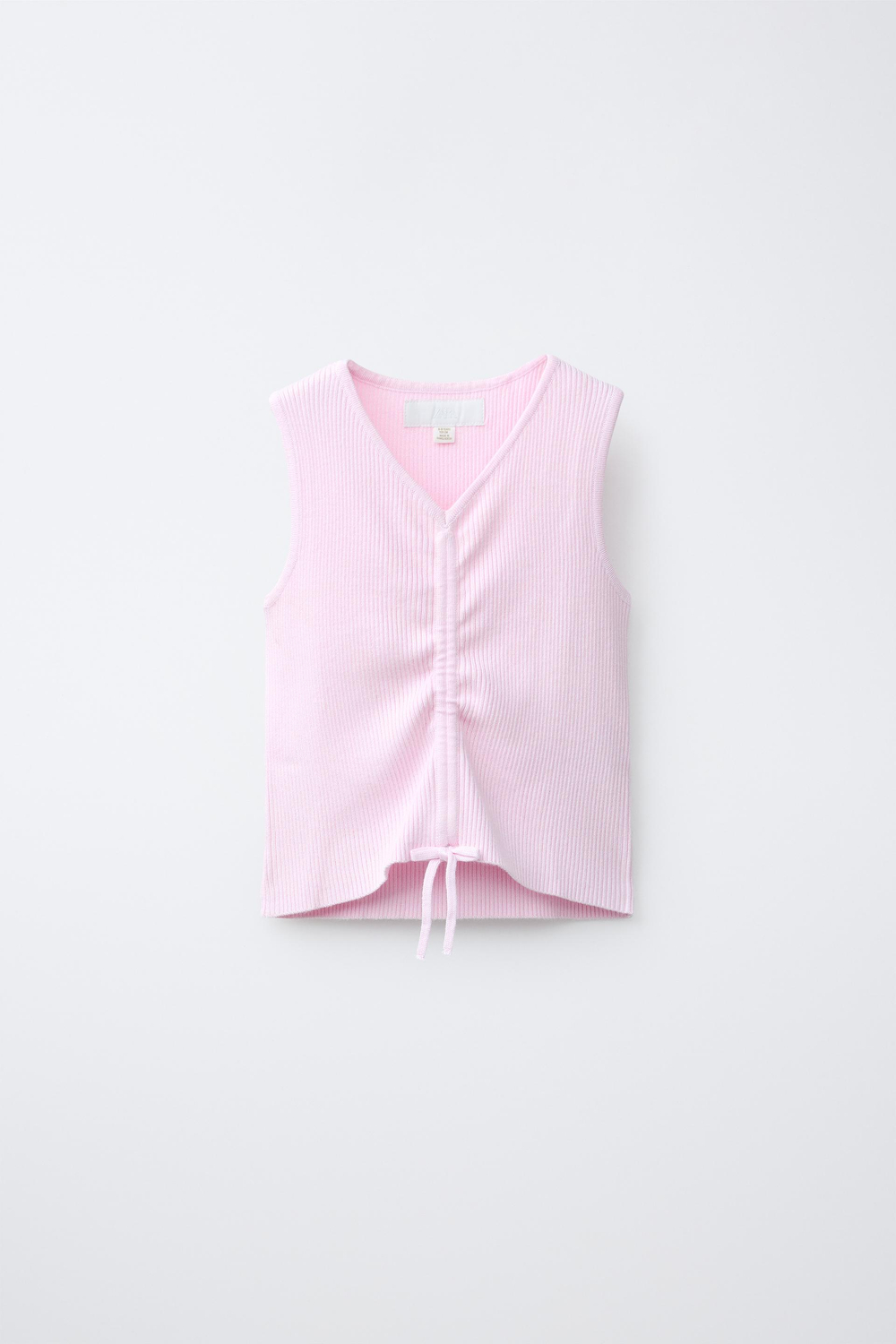 ZARA ТРИКОТАЖНЫЙ ТОП В РУБЧИК СО СБОРКАМИ, ЦВЕТ РОЗОВОГО ДЕРЕВА