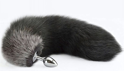 Серебристая анальная пробка с хвостом (Цвет: серебристый с черным)