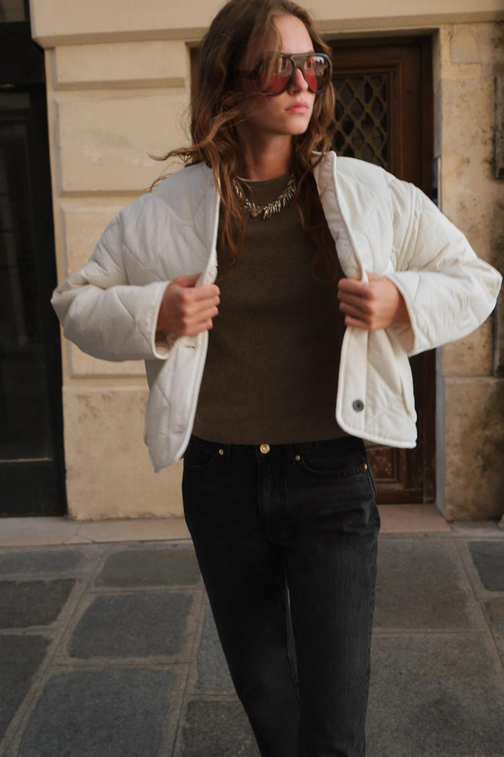 ZARA СТЕГАНАЯ КУРТКА, ЭКРЮ