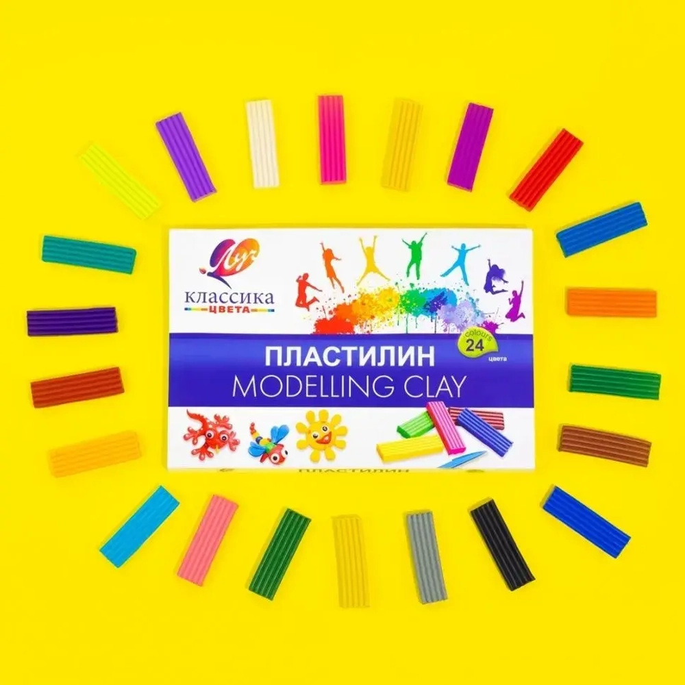 Пластилин, 24 цвета, 480 гр, стек, пластиковая коробка в картонном чехле, Классика, Луч.