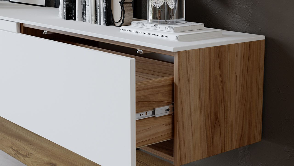 Тумба под телевизор подвесная Яблоня Беллуно/Белый софт 180х37х33 см