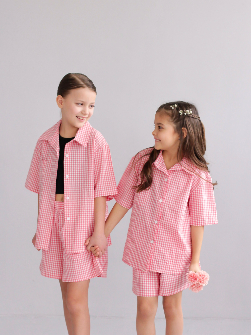 Костюм из варёного хлопка, рубашка и шорты "Розовая клеточка"