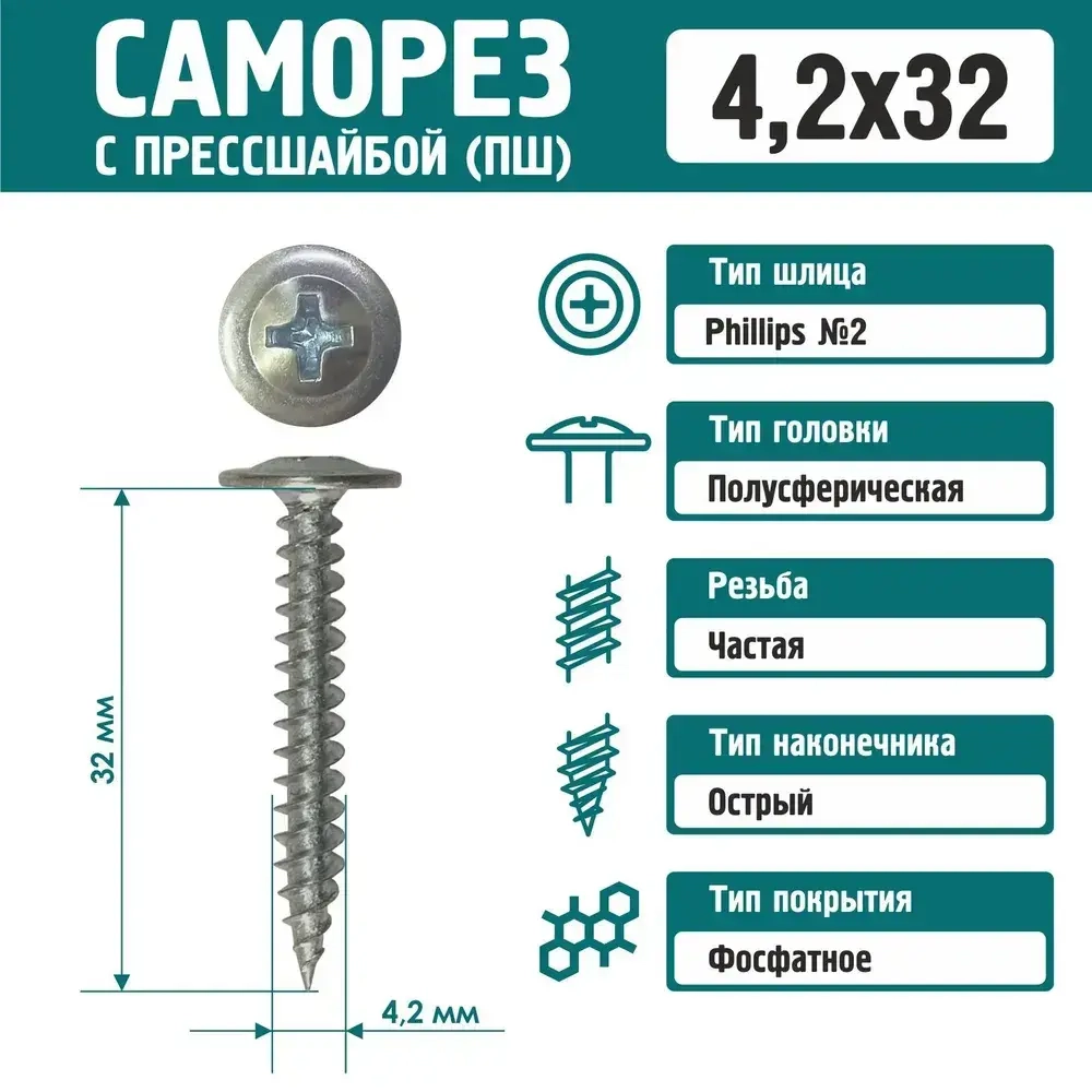 Саморез Rizzel с пресшайбой острый 4,2х32 цинк (800 шт)