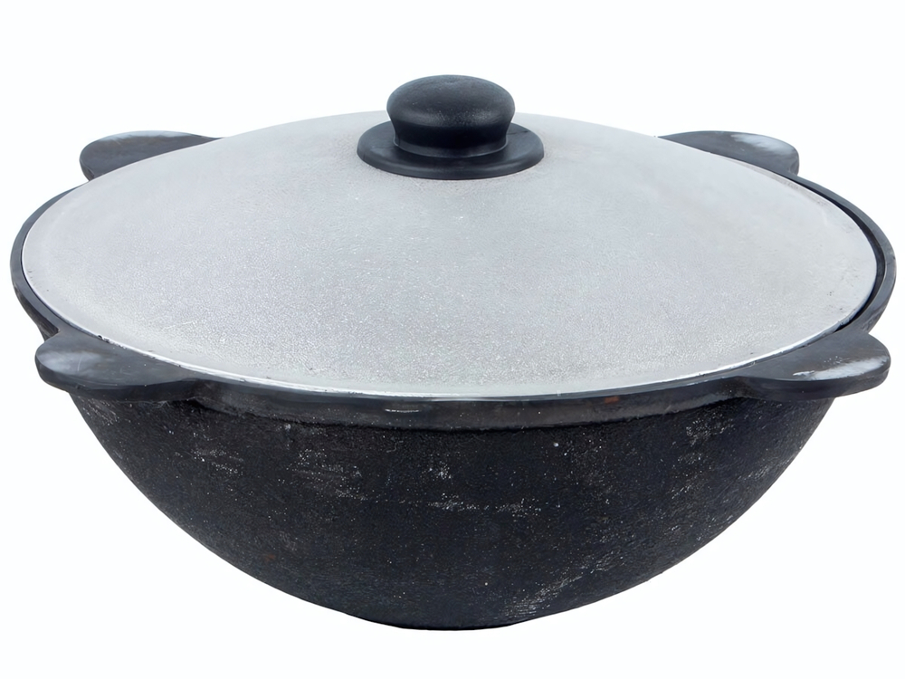 Казан 6л узбекский чугунный с алюминиевой крышкой, плоское дно (г.Наманган)