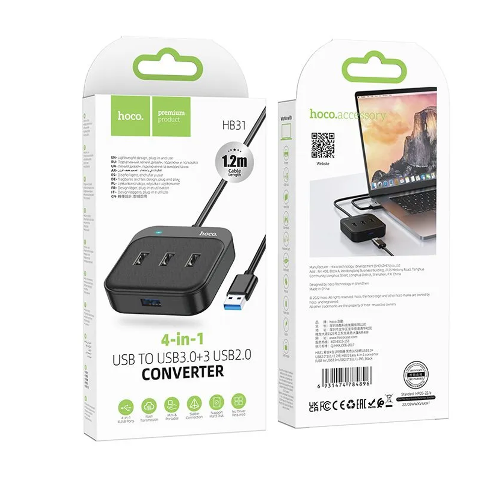 USB Hub Port HOCO HB31 Easy 4-in-1 converter(USB to USB3.0+USB2.0*3) 1.2M
