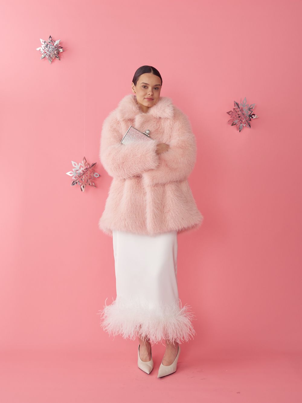 ЮБКА САТИНОВАЯ С ПЕРЬЯМИ WHITE