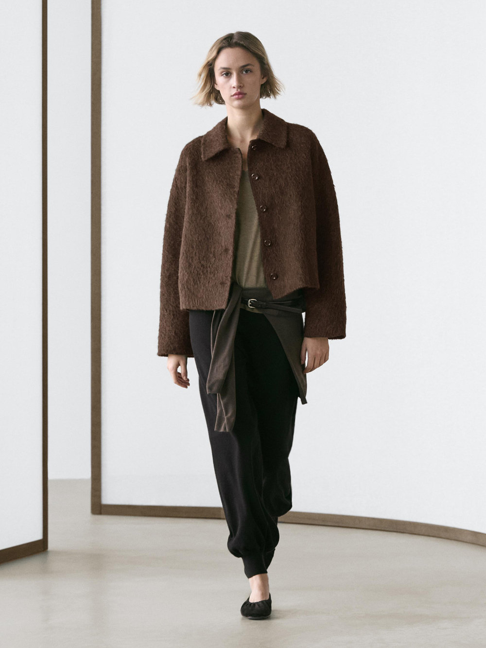 Massimo Dutti Кардиган из шерсти альпака с рубашечным воротником, темно-зеленый