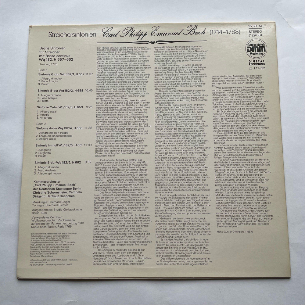 Винтажная виниловая пластинка LP Carl Philipp Emanuel Bach Бах, Kammerorchester Carl Philipp Emanuel Bach, Staatskapelle Berlin, Hartmut Haenchen Streichersinfonien Wq 182 Nr.1-6 (ГДР 1989)