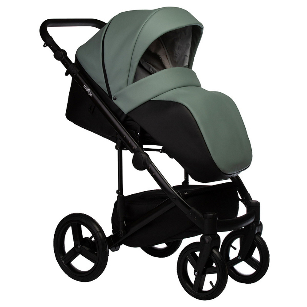 Детская коляска Indigo Tour Eco 2 в 1 Te03 черная кожа+шалфей кожа