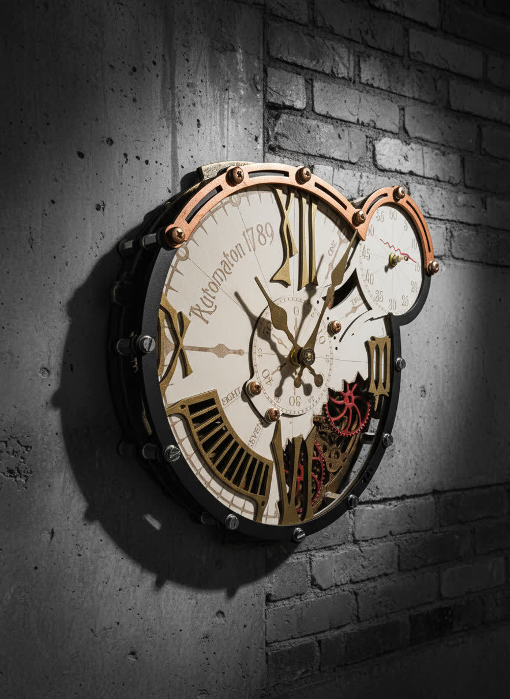 на фоне кирпичной стены Настенные часы WOODandROOT Automaton 1789 Hermitage с латунными стрелками и открытым механизмом на кирпичной стене