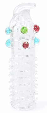 Закрытая прозрачная насадка на пенис с выпуклостями и отростком - 12 см. (Цвет: прозрачный)